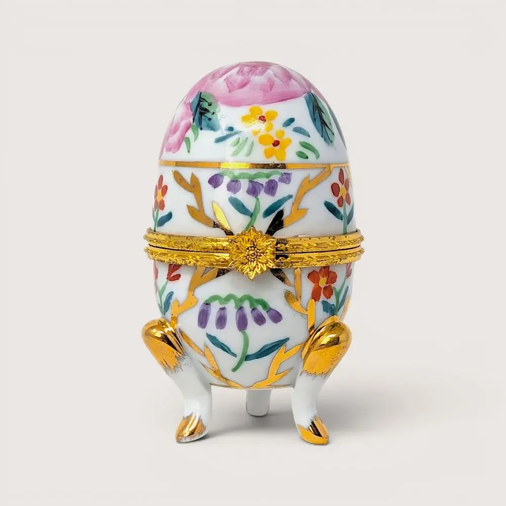 1980s Vintage Footed Porcelain Egg Floral Trinket Box